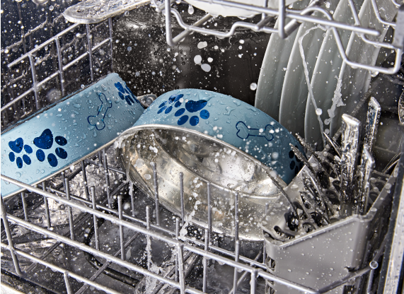 Pet bowls washing in a dishwasher