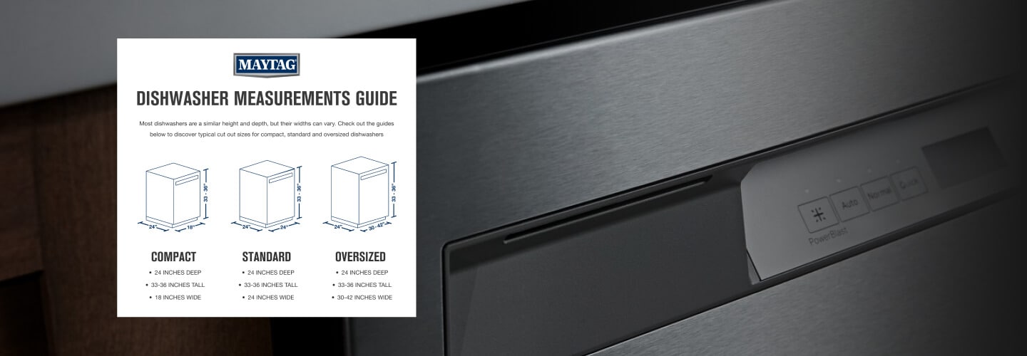 A printed dishwasher size guide superimposed over an image of a dishwasher