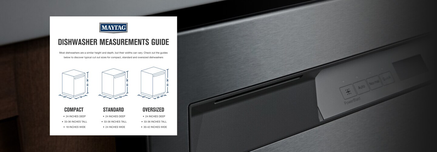 A printed dishwasher size guide superimposed over an image of a dishwasher