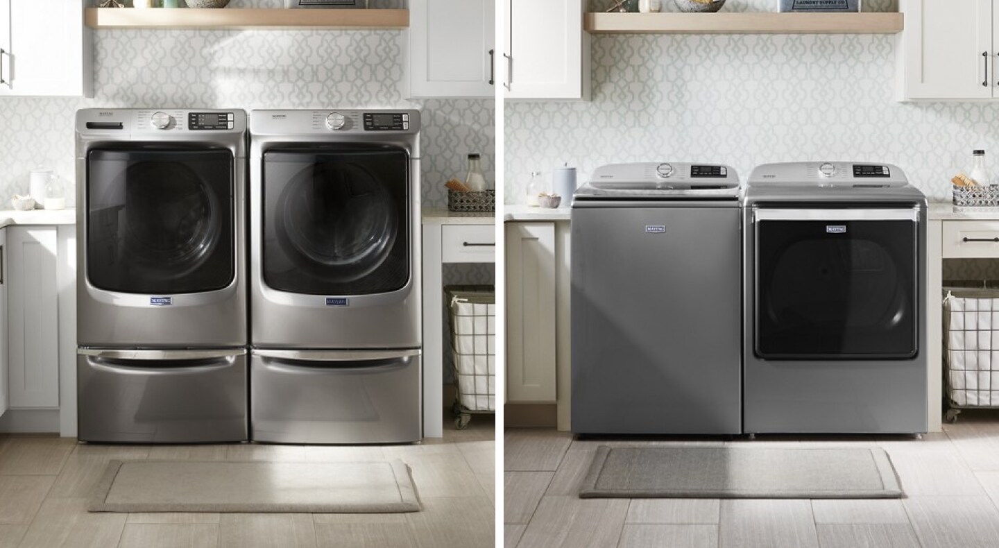 Front load and top load washer and dryer in a laundry room Front load and top load washer and dryer in a laundry room