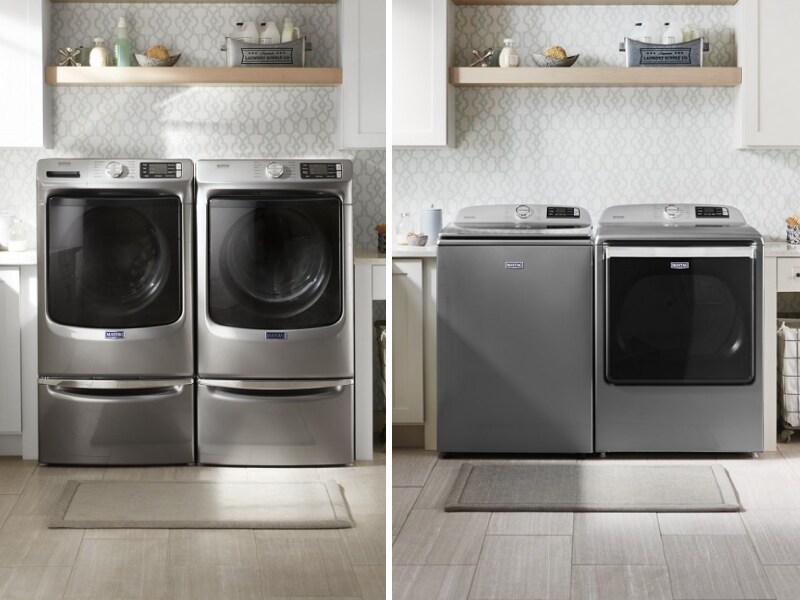 Front load and top load washer and dryer in a laundry room Front load and top load washer and dryer in a laundry room