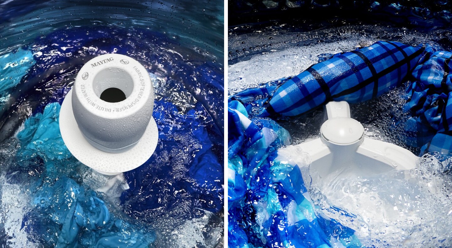 Agitator and Impeller cleaning clothes inside a Maytag® washer Agitator and Impeller cleaning clothes inside a Maytag® washer