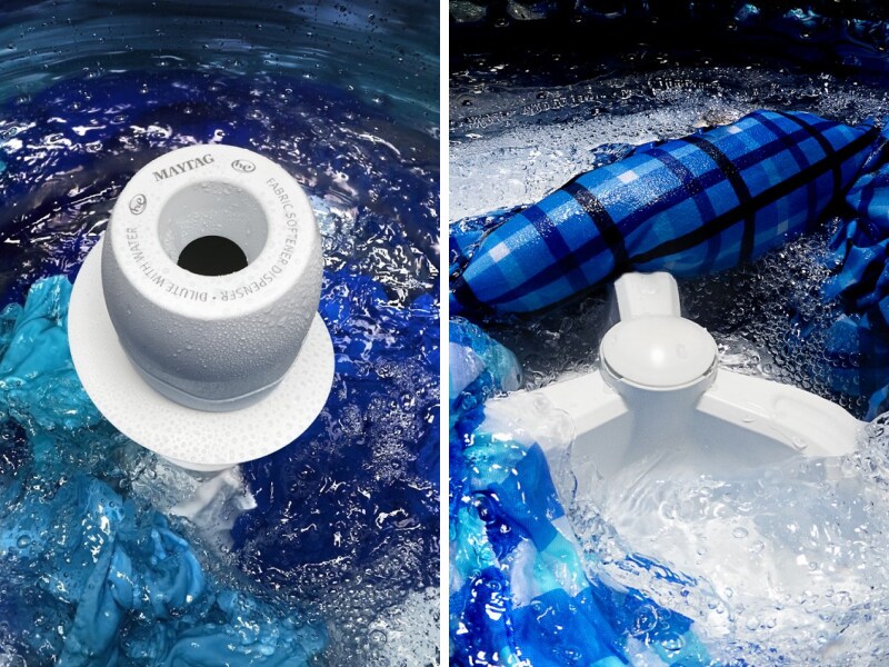 Agitator and Impeller cleaning clothes inside a Maytag® washer Agitator and Impeller cleaning clothes inside a Maytag® washer