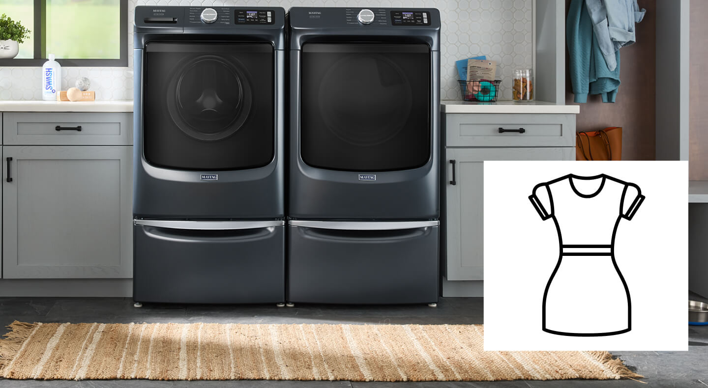 Maytag® side-by-side front load washer and dryer in a modern laundry room