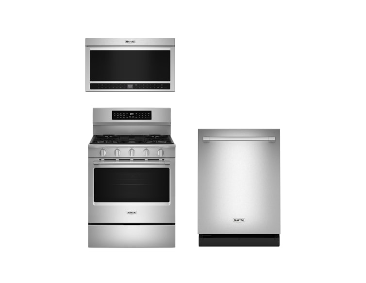Maytag® Performance Lineup gas range, dishwasher and microwave