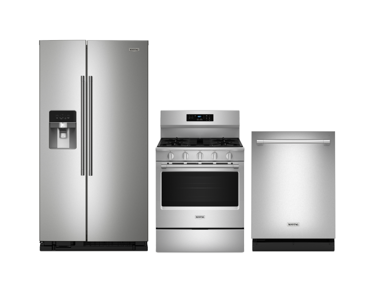 Maytag® side-by-side refrigerator, freestanding gas range and top control dishwasher