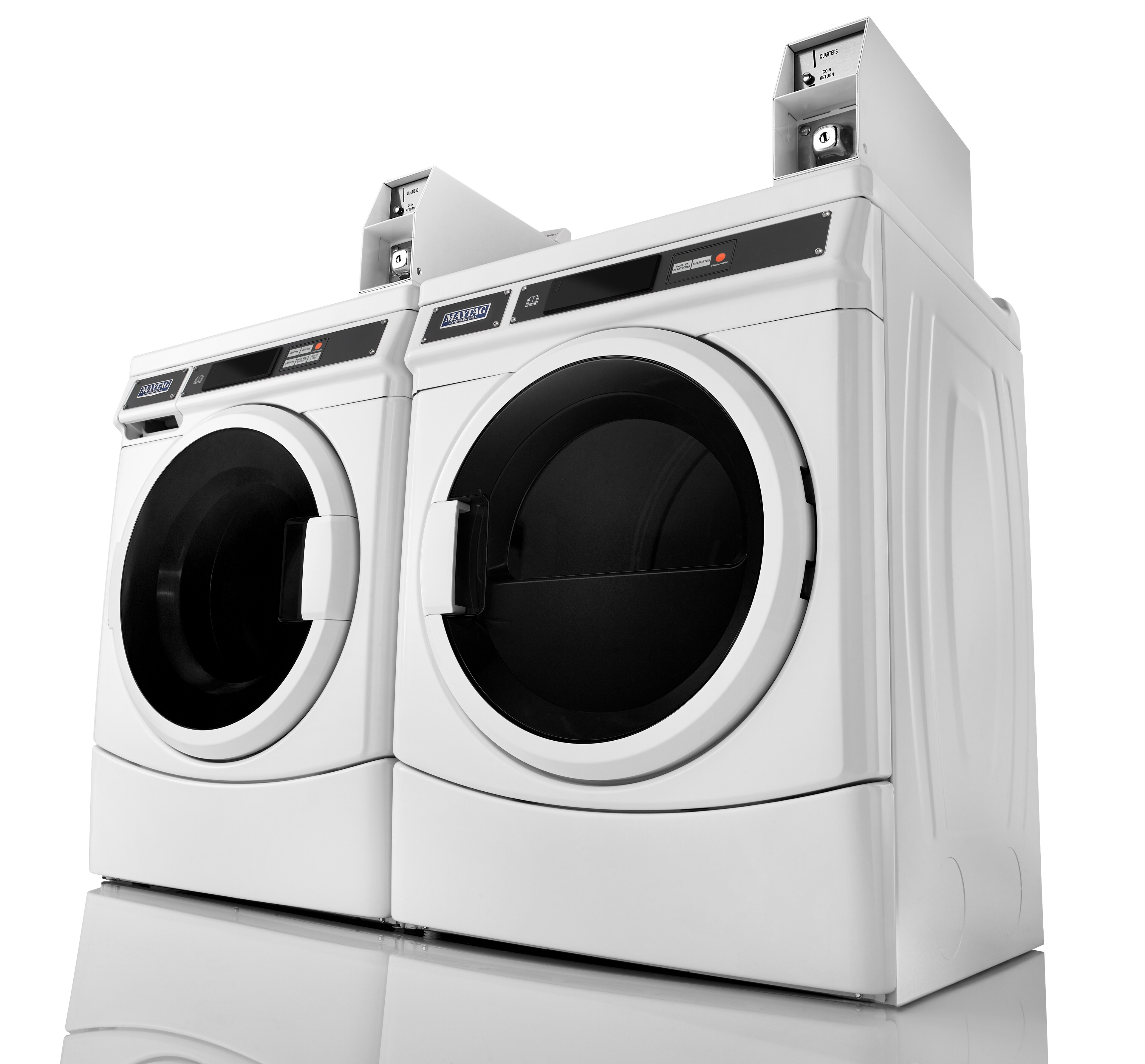 Maytag® commercial laundry products on a white background.