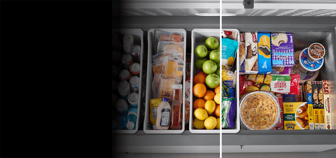 An overhead shot of items in a Maytag® chest freezer.