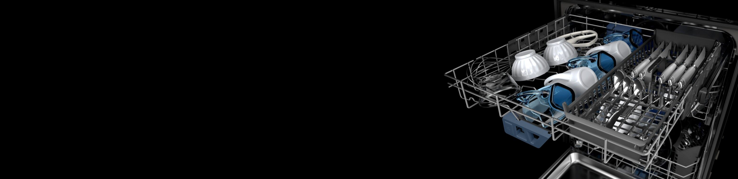 Inner view of a loaded dishwasher