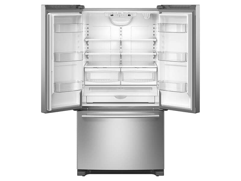 Open and empty French door refrigerator