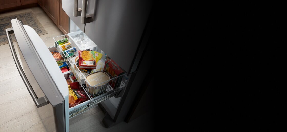 Open freezer drawer on a French door refrigerator