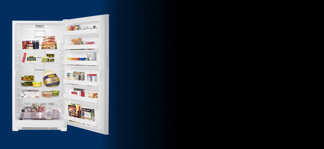 Maytag® upright freezer filled with food