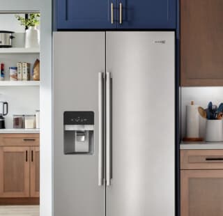 Maytag brand double door refrigerator in kitchen