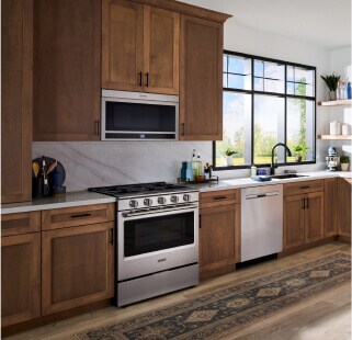 A modern kitchen with brown cabinetry