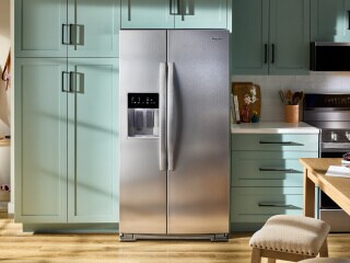 A Stainless Steel French door refrigerator in a kitchen