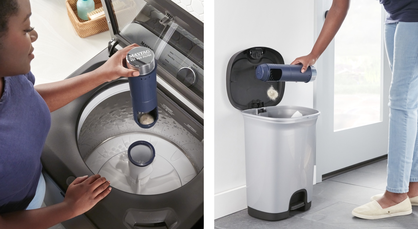 A person removing and emptying the Maytag® Pet Pro filter on a washer. A person removing and emptying the Maytag® Pet Pro filter on a washer.