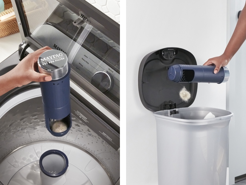 Person removing and emptying the Maytag® Pet Pro filter on washer Person removing and emptying the Maytag® Pet Pro filter on washer