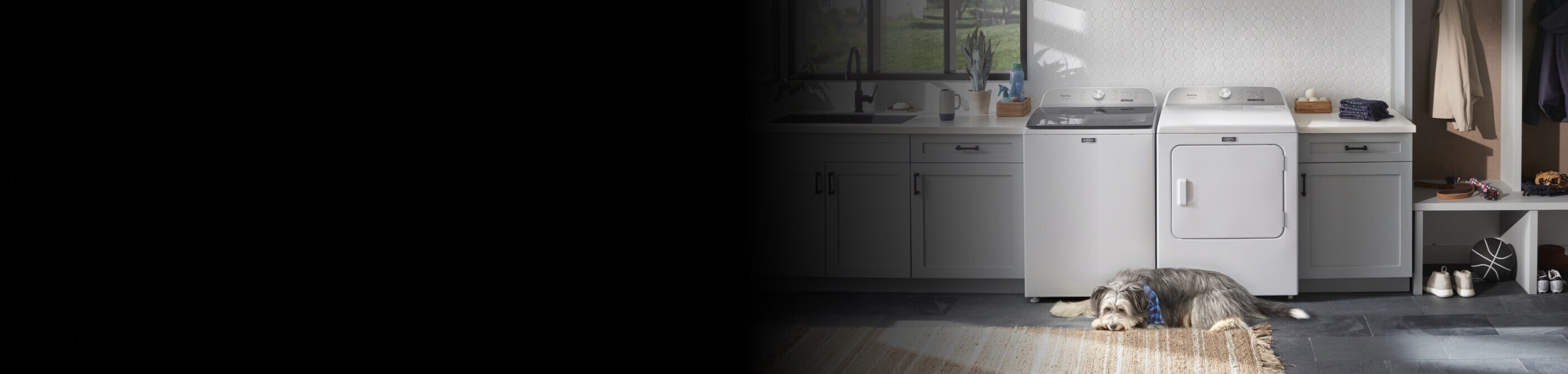A Maytag® washer with a dog next to it