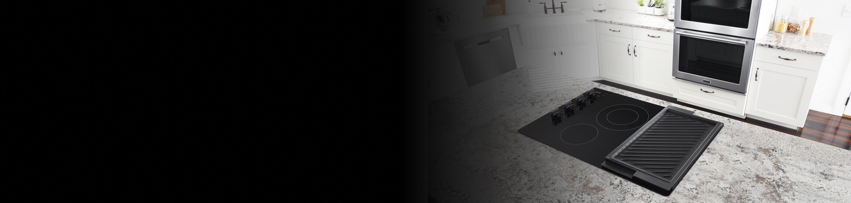 An overhead view of a Maytag® electric cooktop in a modern kitchen