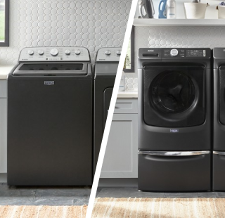 Side-by-side image of top load and front load laundry sets