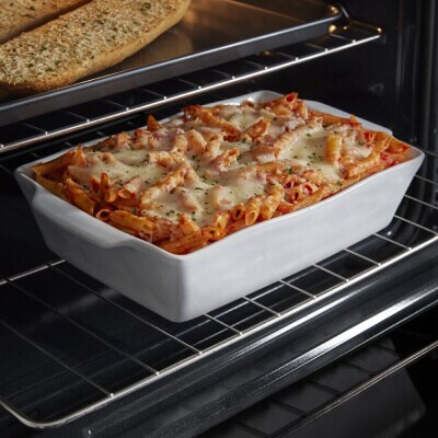 Baked pasta casserole in an oven