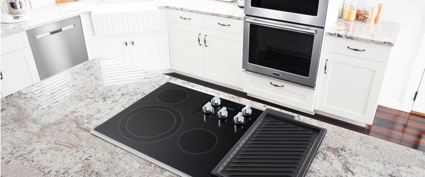 Overhead view of stainless steel appliances in a kitchen