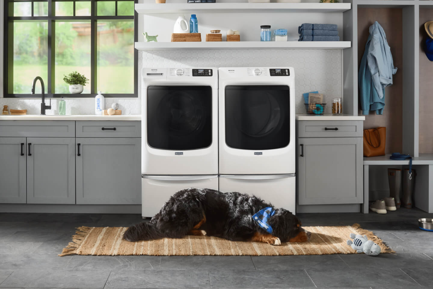 A bright laundry room with gray cabinets, white front load washer and dryer with a Bernese Mountain Dog lying on a rug