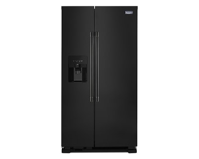 Black Maytag® side-by-side refrigerator with exterior ice and water dispenser