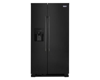 Black Maytag® side-by-side refrigerator with exterior ice and water dispenser