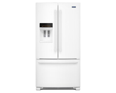 White Maytag® French door refrigerator with exterior ice and water dispenser