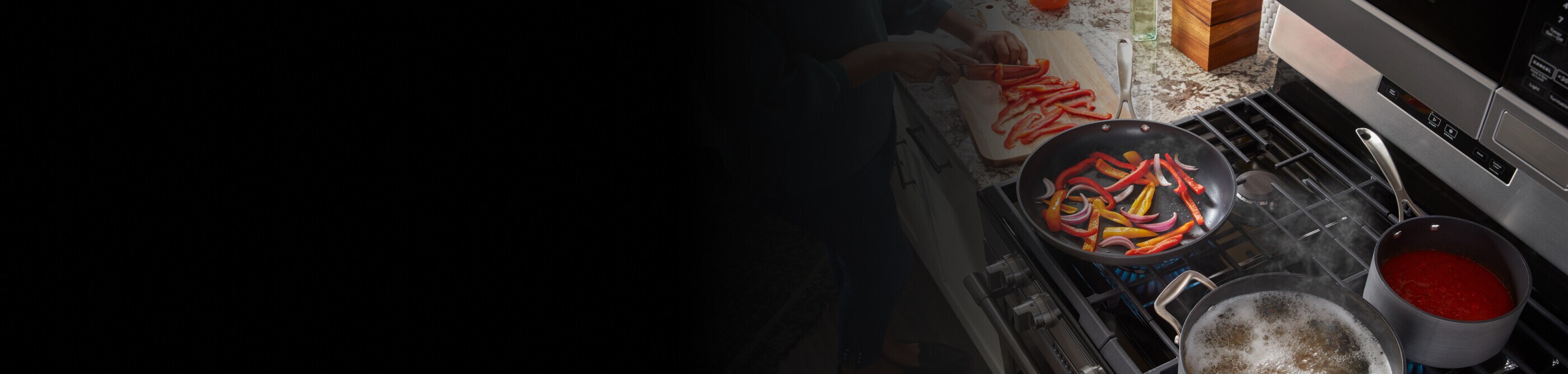 Person chopping bell peppers next to bell peppers sauteing on the stovetop