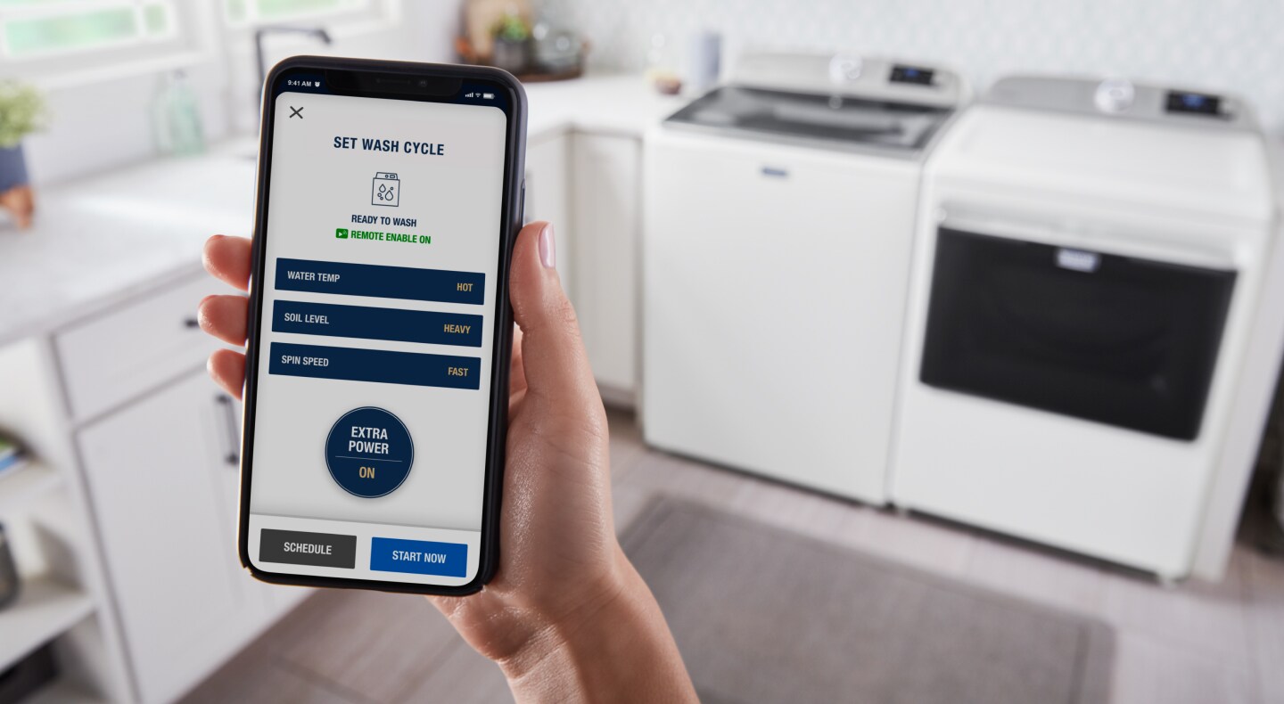 Smart phone displaying the Maytag® smart appliance app Smart phone displaying the Maytag® smart appliance app