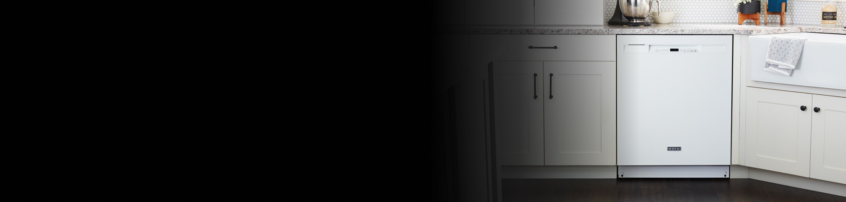 White front control dishwasher in a kitchen