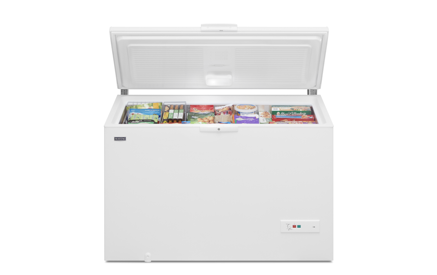 An opened white Maytag® chest freezer. An opened white Maytag® chest freezer.