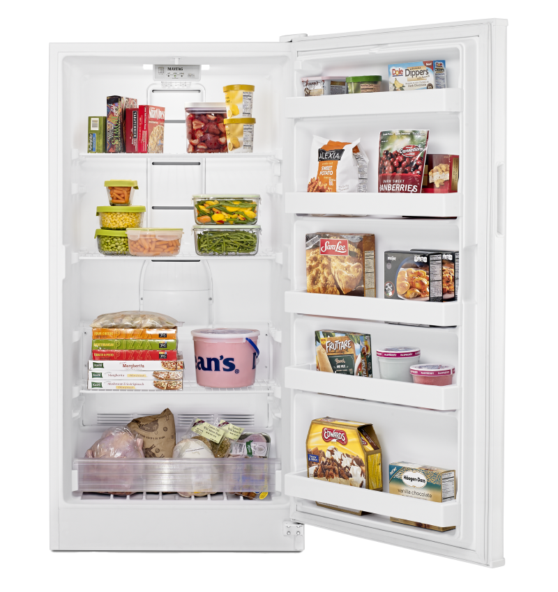 A stocked Maytag® upright freezer. A stocked Maytag® upright freezer.