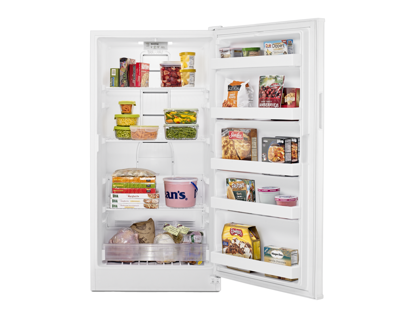 A stocked Maytag® upright freezer. A stocked Maytag® upright freezer.