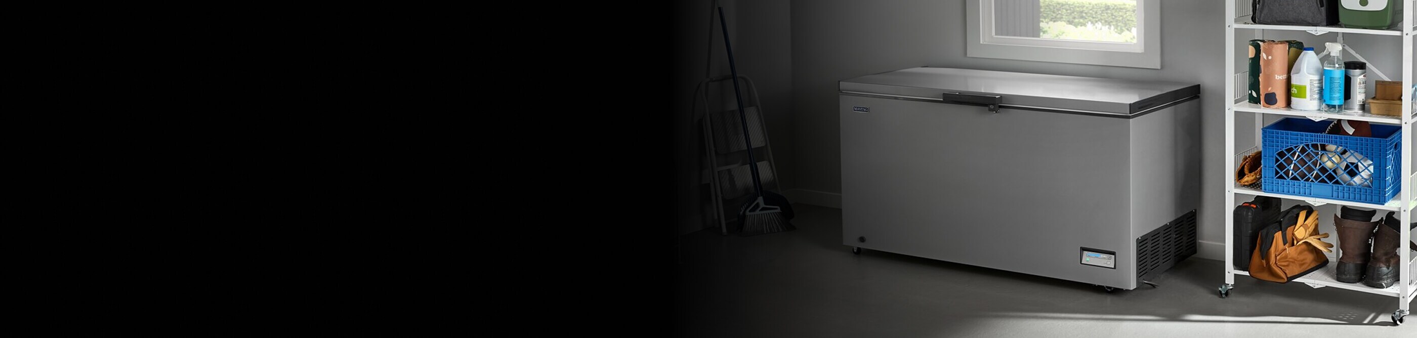 A Maytag® chest freezer in a garage