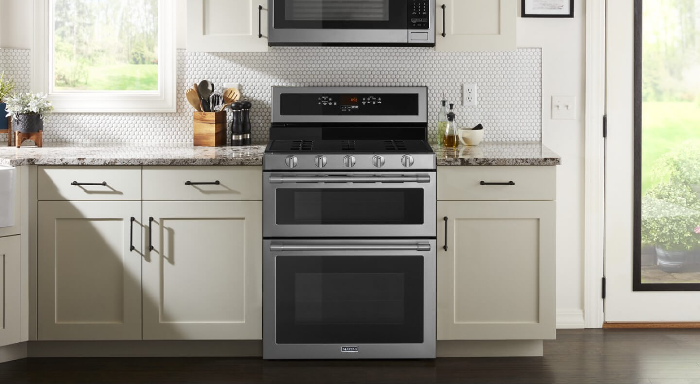 Double oven gas range in a modern kitchen