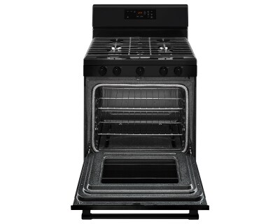 A black conventional oven with an open door