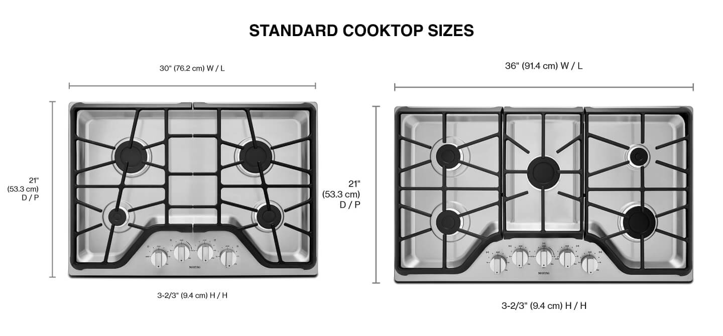 Aerial view of two different sized gas cooktops with measurements along the sides Aerial view of two different sized gas cooktops with measurements along the sides