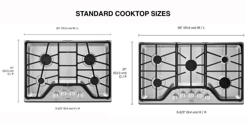 Aerial view of two different sized gas cooktops with measurements along the sides Aerial view of two different sized gas cooktops with measurements along the sides
