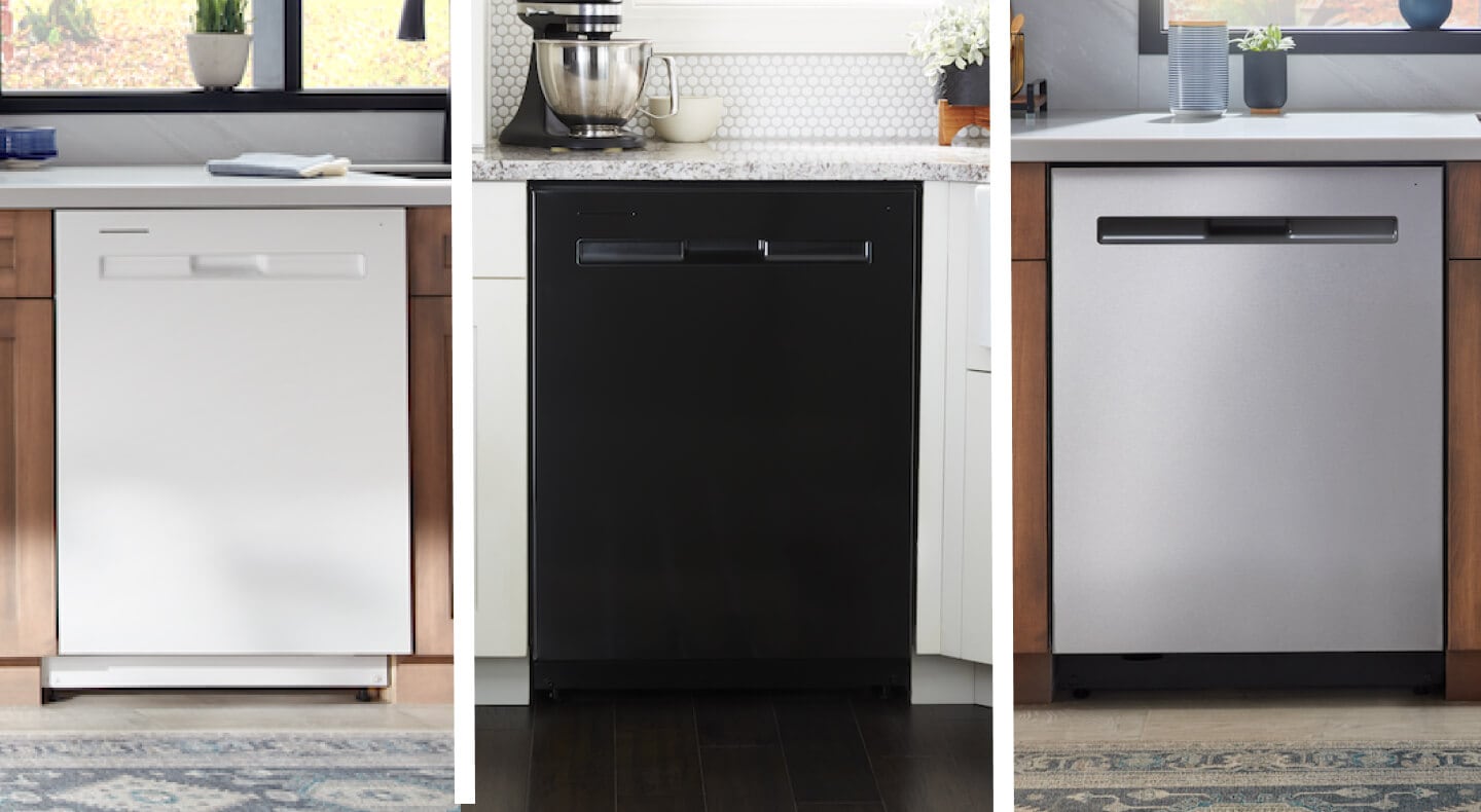 A lineup of three different dishwashers with different finishes: white, black and stainless steel