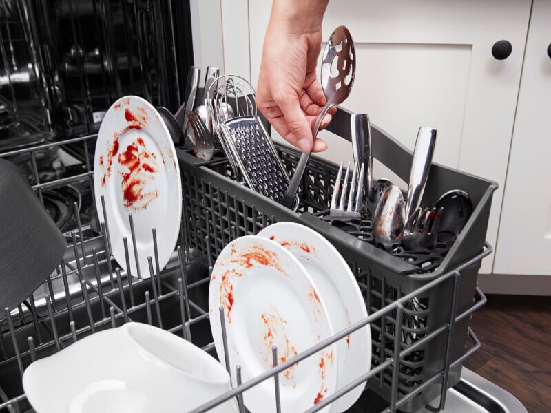 Person placing dirty dishes in a dishwasher