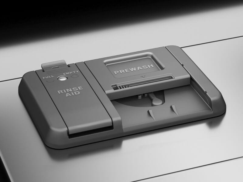 Person dispensing detergent into dishwasher