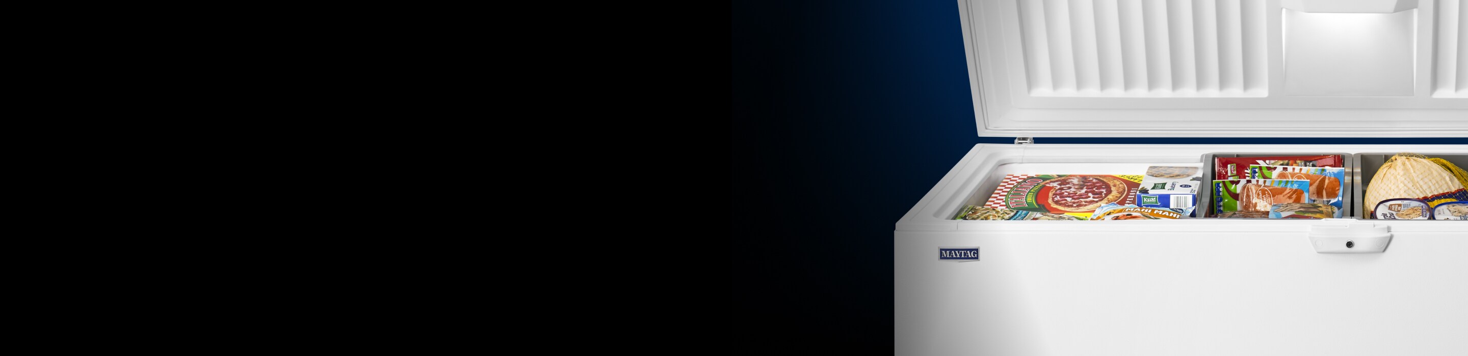 Open Maytag® chest freezer with food items