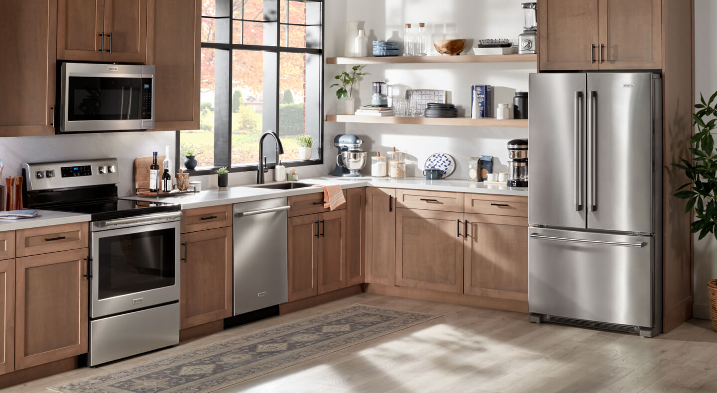 Stainless steel appliances in a modern kitchen