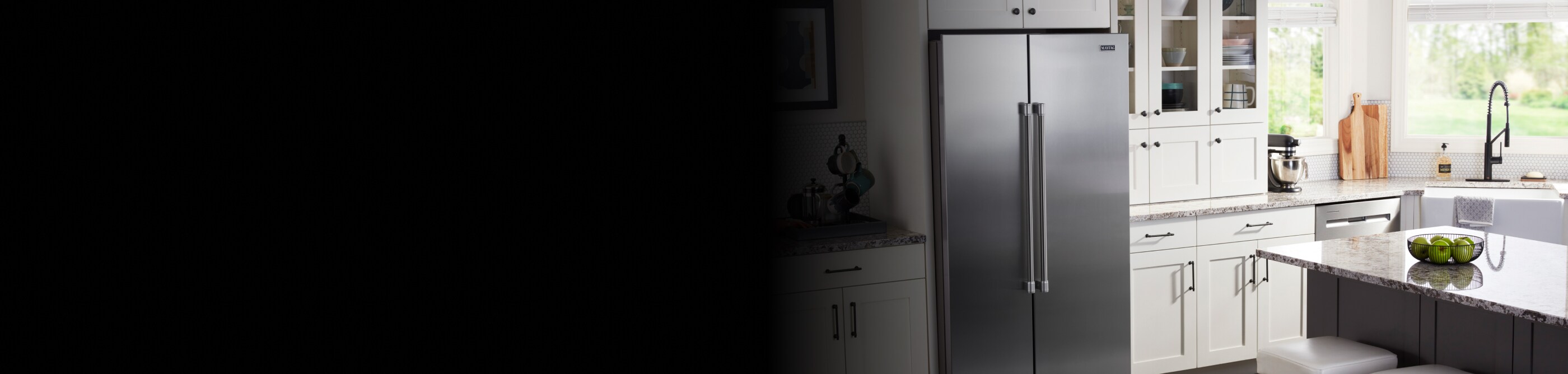 Maytag brand side-by-side refrigerator in a kitchen