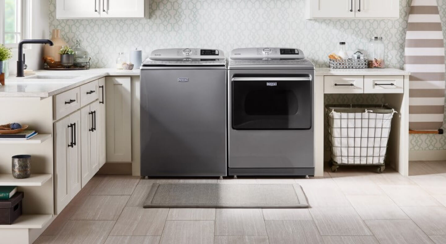 A Maytag® washer and dryer in an updated laundry room A Maytag® washer and dryer in an updated laundry room
