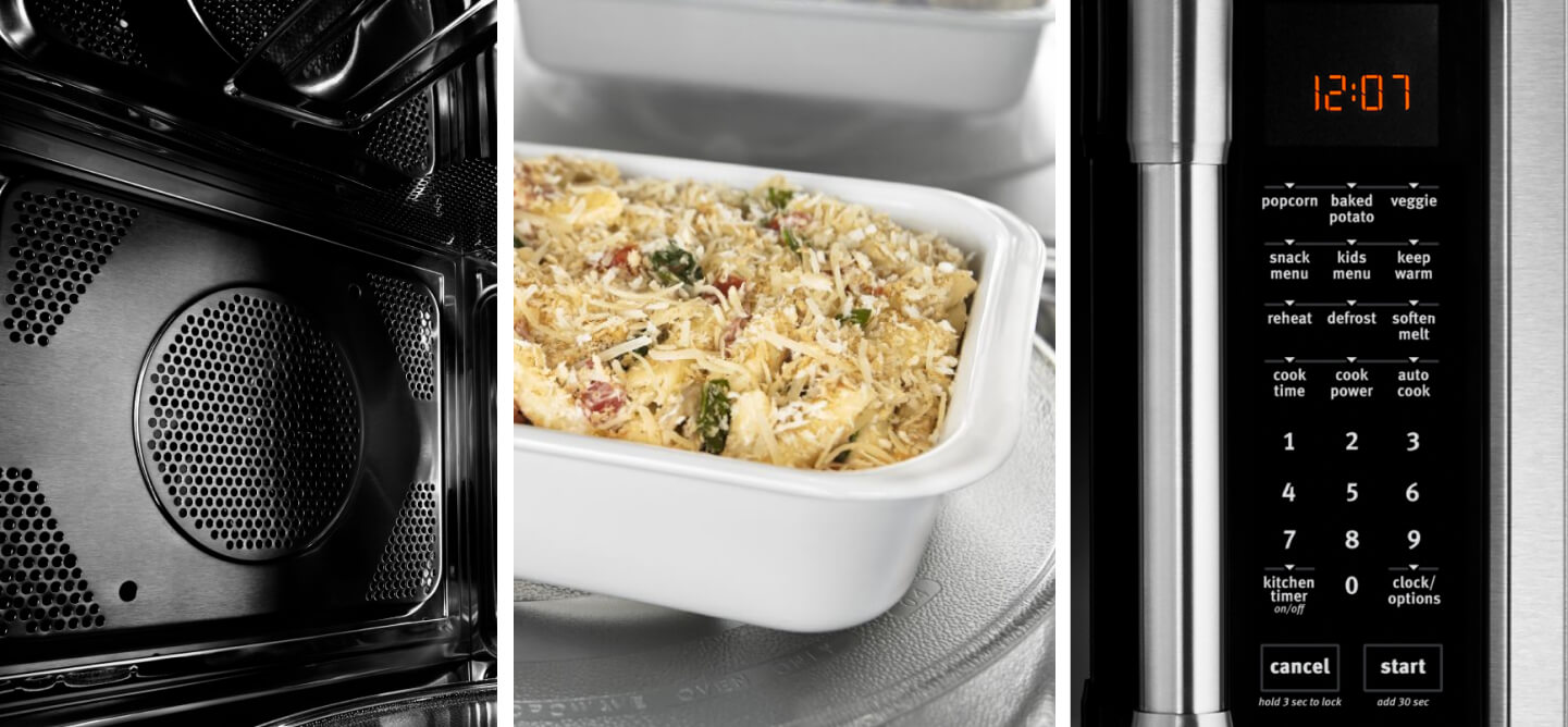 Collage of microwave interior, a casserole and a microwave control panel Collage of microwave interior, a casserole and a microwave control panel