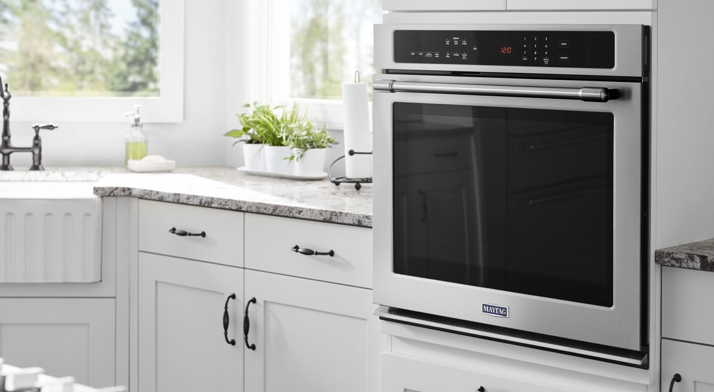 Close-up of a Maytag® wall oven in a bright kitchen Close-up of a Maytag® wall oven in a bright kitchen